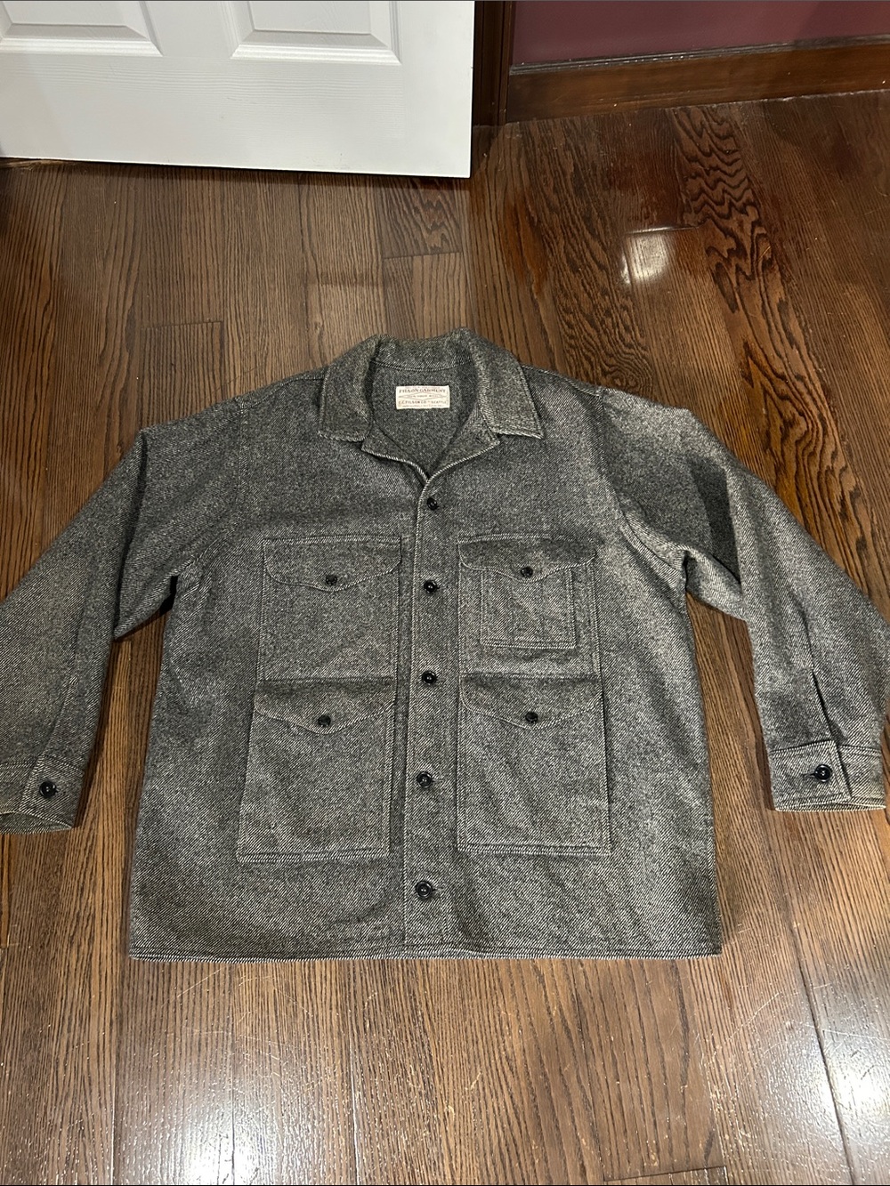 Vtg Filson Gray & white herringbone wool Mackinaw hunting field jacket sz XXL